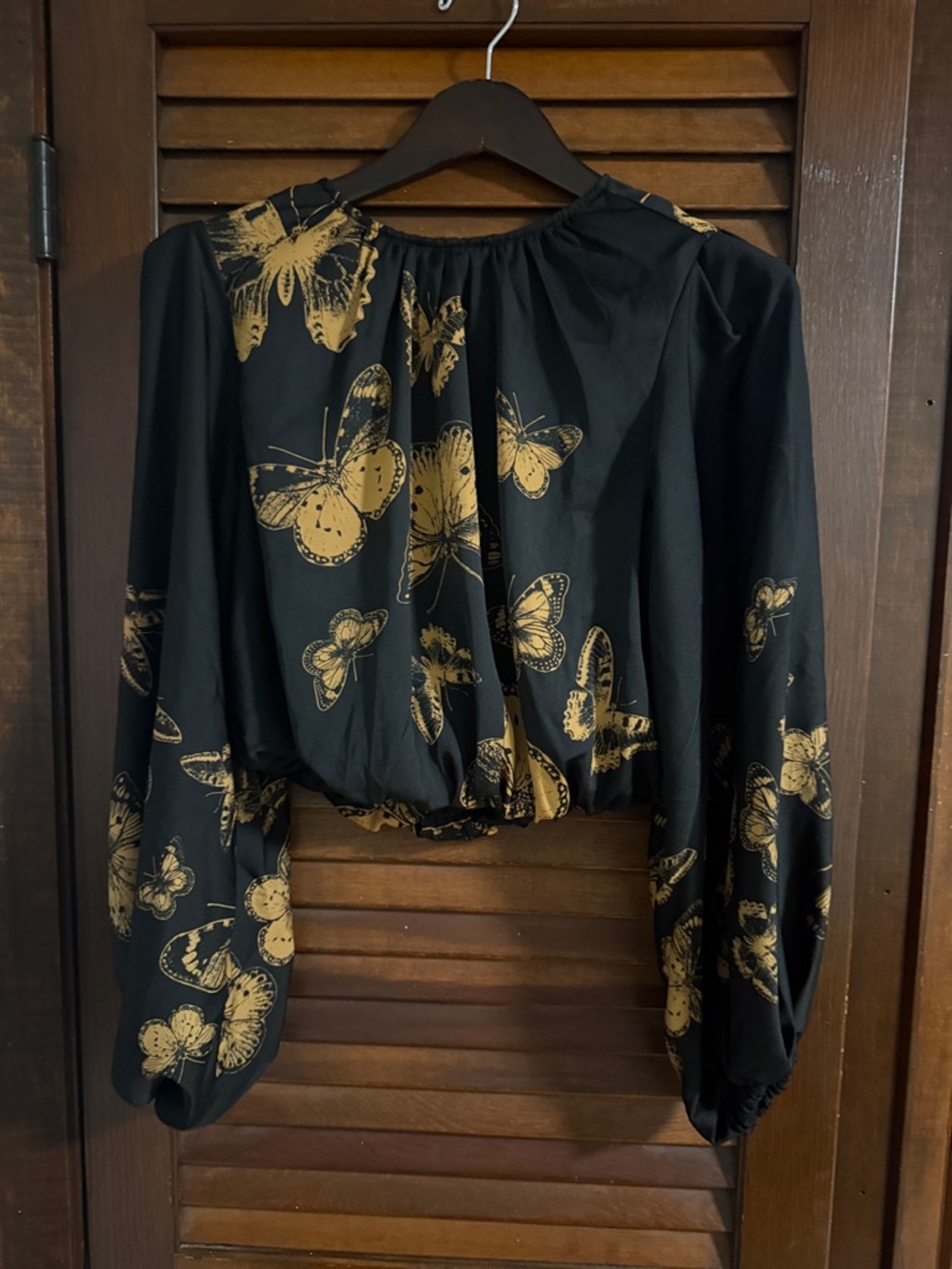 Anthropologie Black Blouse with Gold Butterfly Print